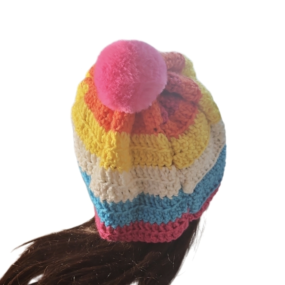 Hand Crafted Crochet Beanie Oversized Multicolored Pink pompom winter hat unique - Picture 5 of 17